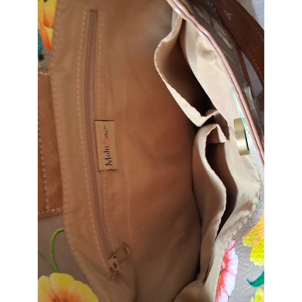 MultiSac Floral Butterfly Dragonfly Satchel Crossbody Handbag Tan Multi Pocket